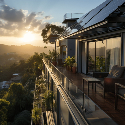 Un terrazzo moderno dopo la ristrutturazione, con pannelli fotovoltaici sul tetto e ampie vetrate.